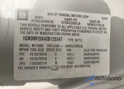 2003 Chevrolet Astro from USA, damaged, VIN 1GNDM19X43B135347